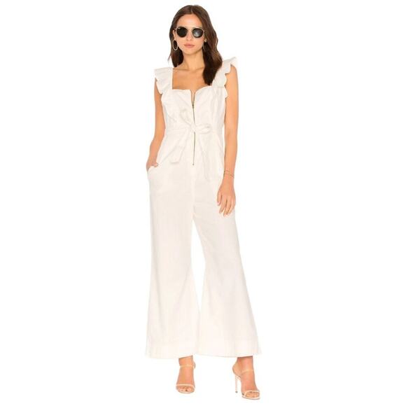 Free People Sun Valley Ivory Cotton Zip Jumpsuit Ruffle Strap Wide Leg Size S